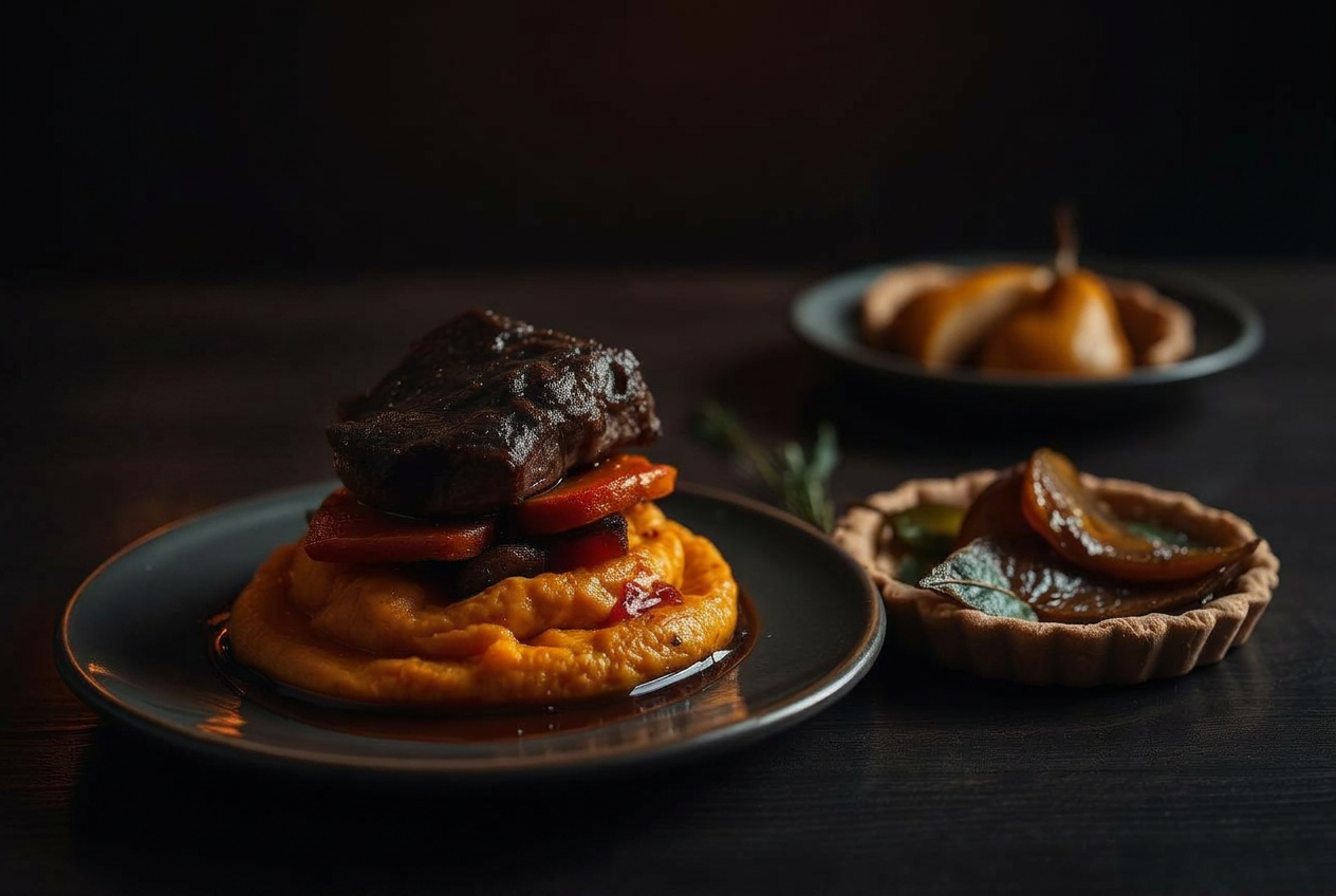 Braised short rib over sweet potato purée with roasted carrots and spiced pear tart by candlelight