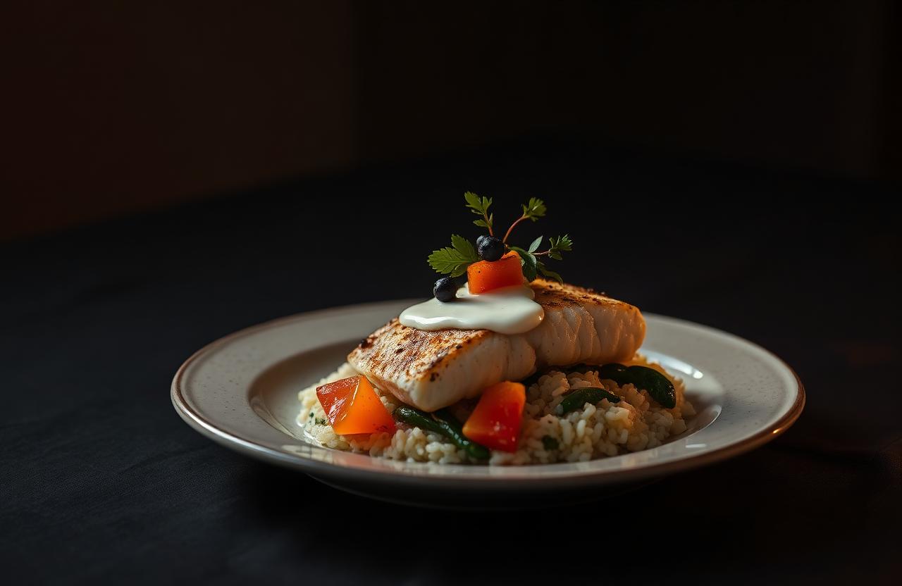 Pan-seared snapper with coconut beurre blanc, callaloo, and herbed rice in soft golden light