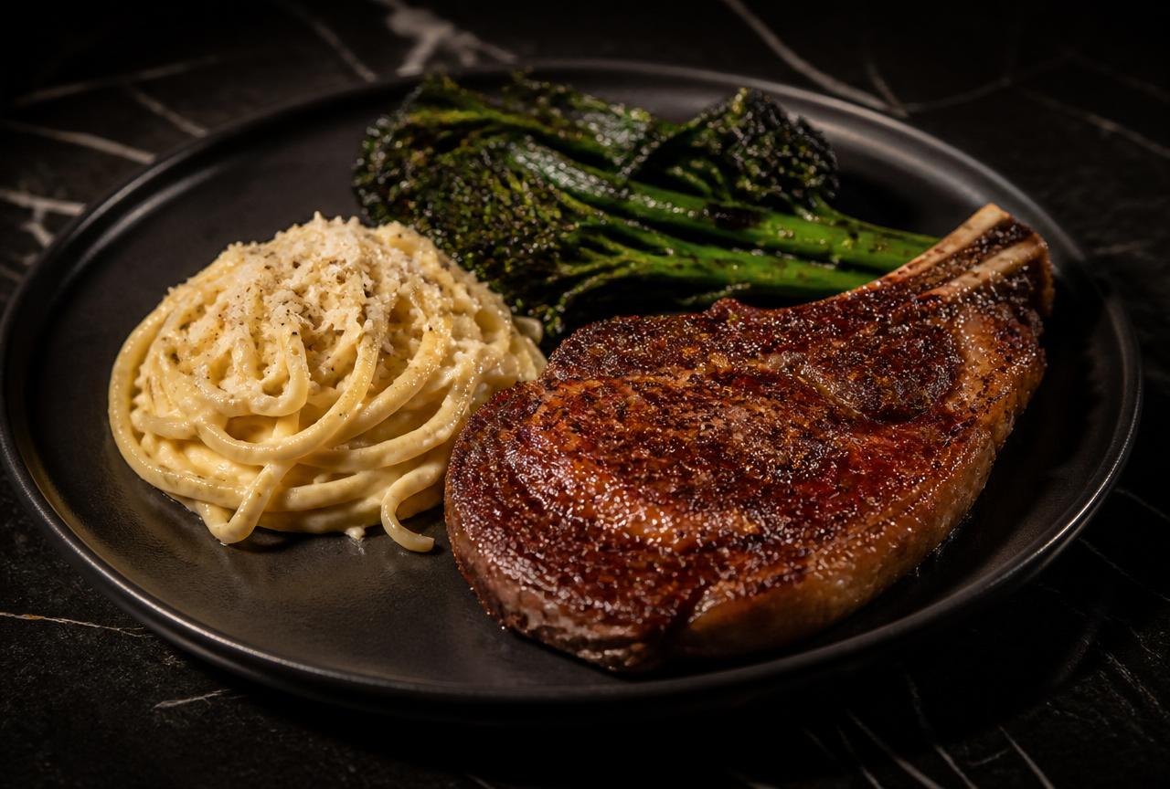 Coffee-rubbed ribeye with parmesan cream linguine and charred broccolini on a candlelit table