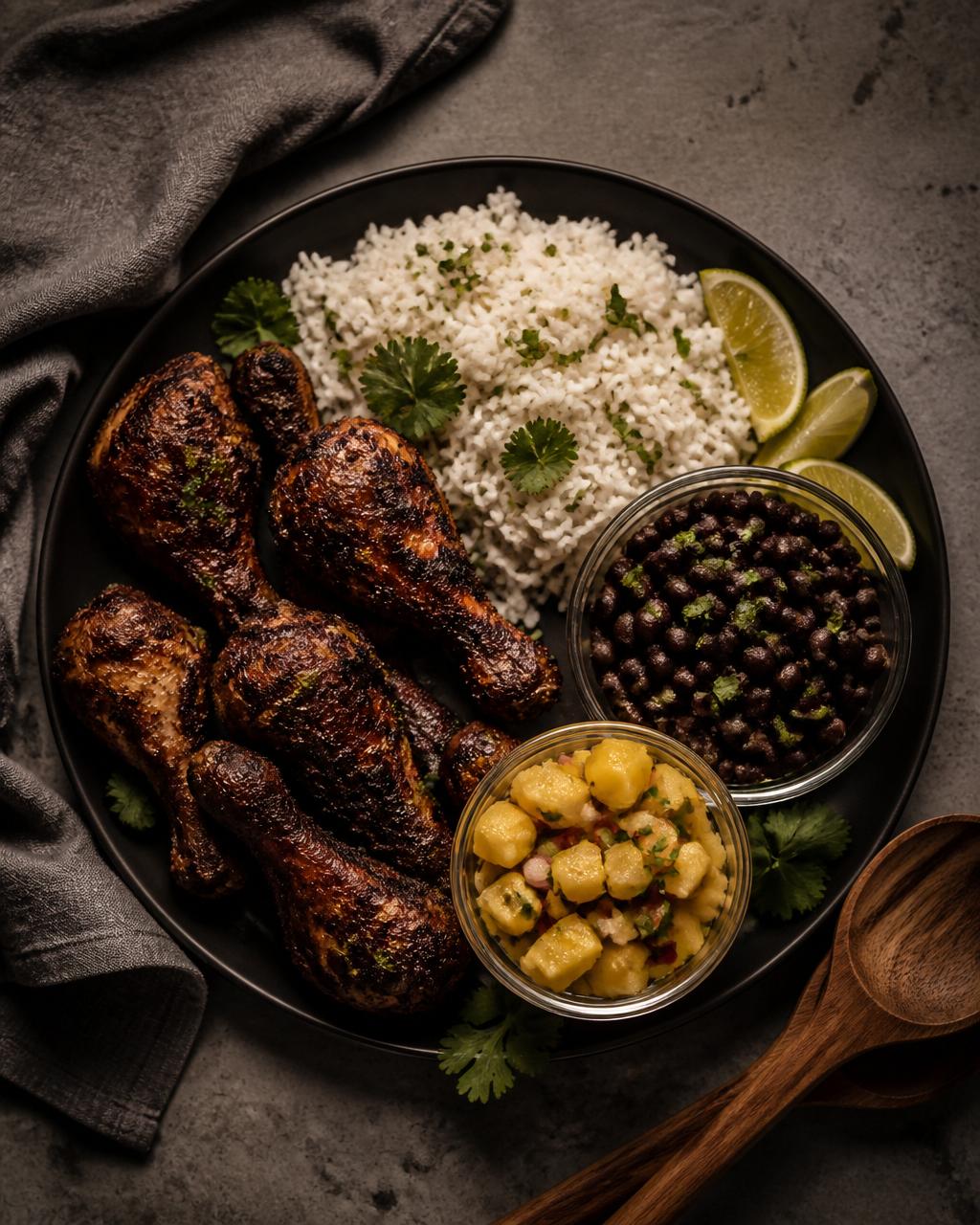 Jerk chicken with rice, black beans, pineapple salsa, and lime on a moody dark platter