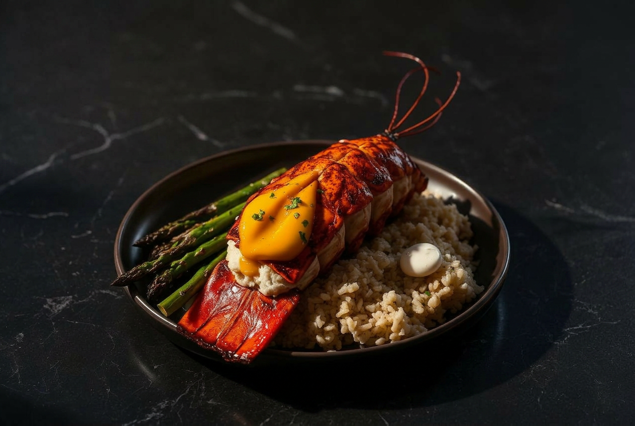 Grilled Caribbean lobster with mango beurre blanc, coconut rice, and charred asparagus on dark stone